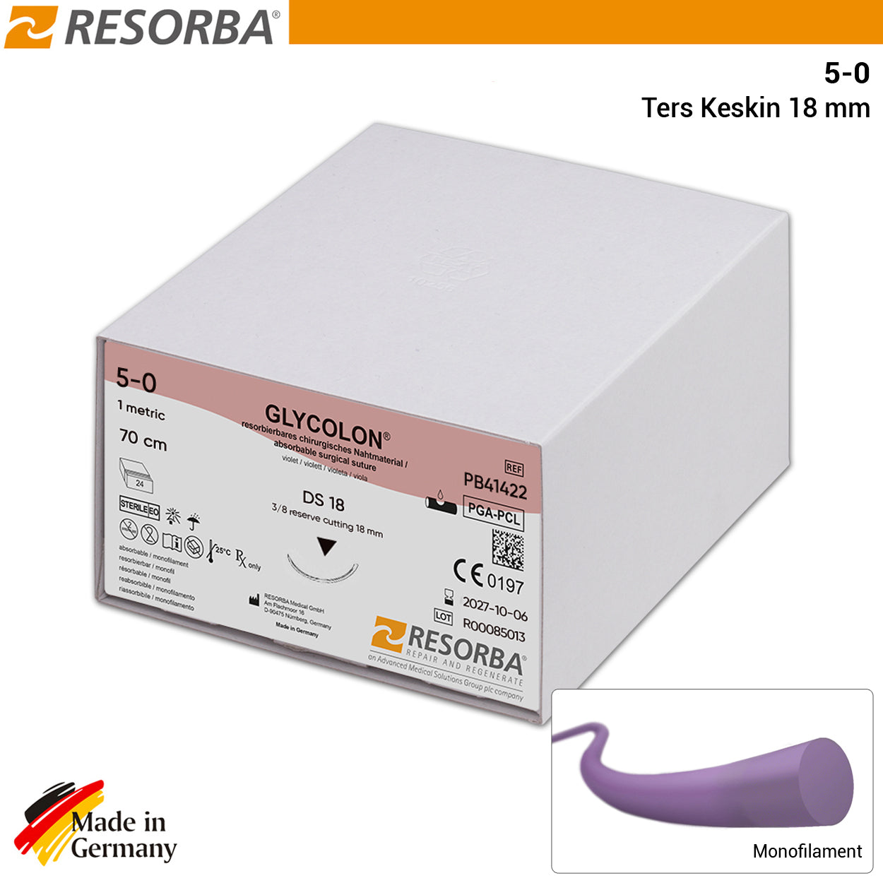 Resorba Glycolon Absorbable Monoflament Suture 5/0 - Reverse Cutting Needle